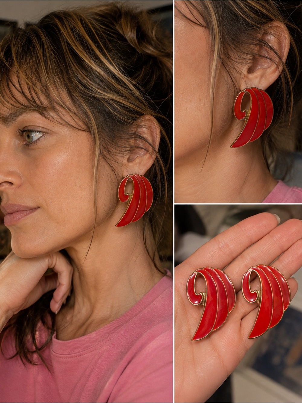 Red Enamel Swirl Clip-On Earrings - Women Jewelry